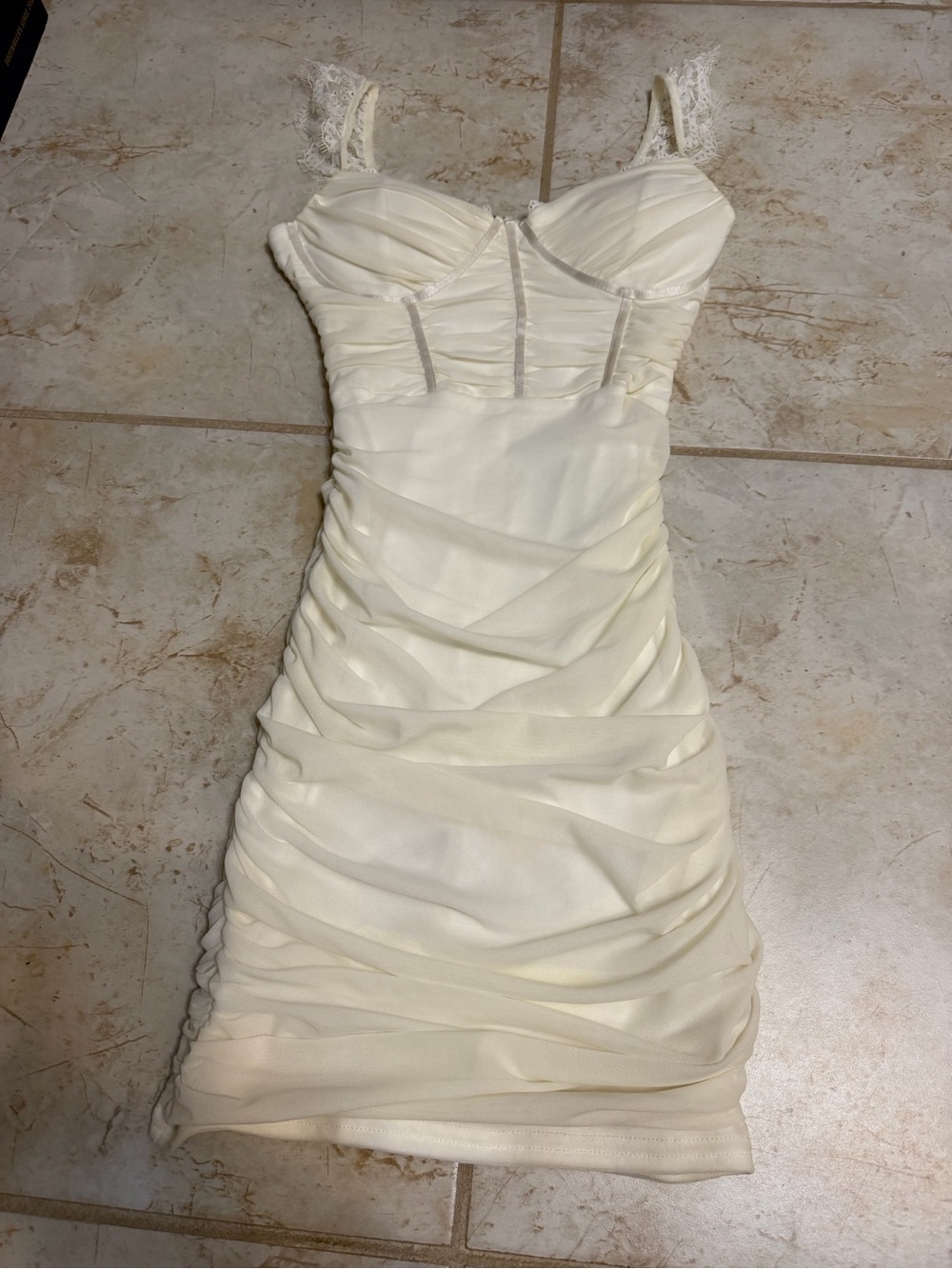 Windsor Ivory Lace-Strap Ruched Mini Dress